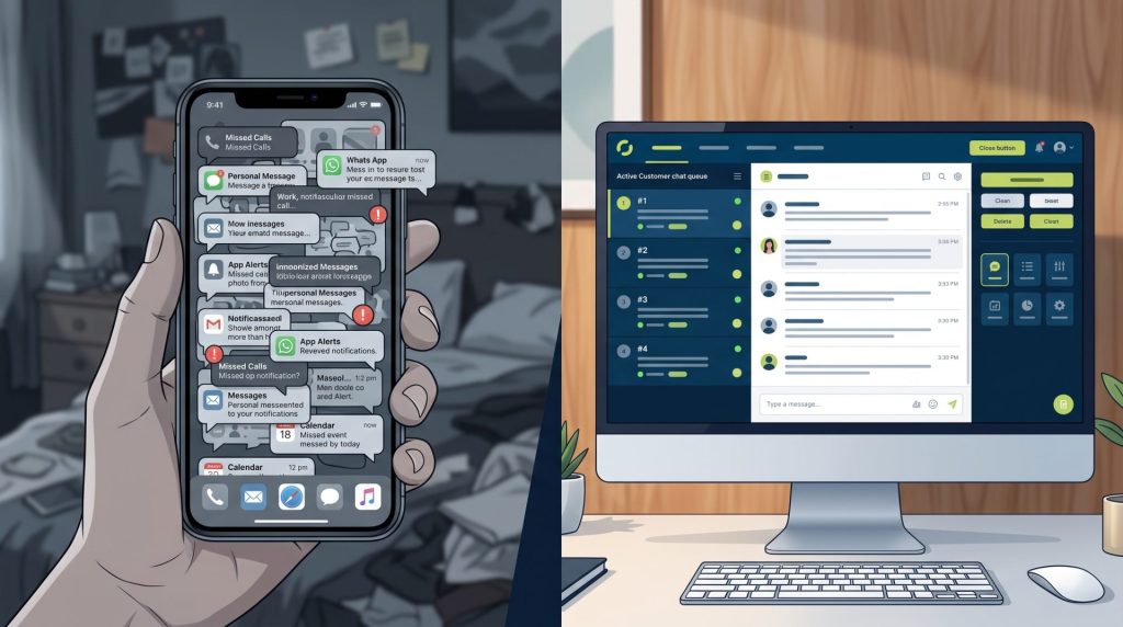 Comparação entre celular pessoal com notificações misturadas e uma plataforma de atendimento organizada em um monitor