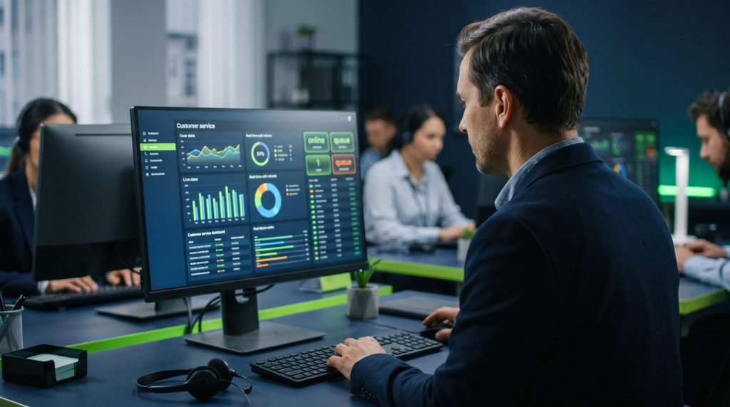 Gestor acompanhando o volume de chamadas de um pico num painel em tempo real